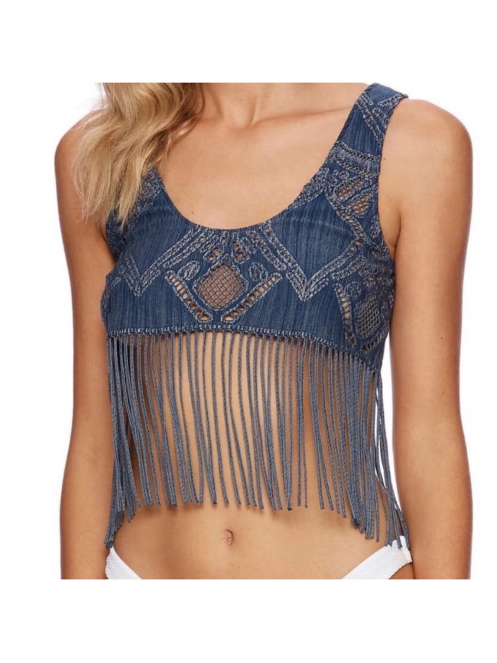 Beach Bunny Sawyer Blue Denim-Style Embroidered Fringe Set-Top M/ Shorts S NWT